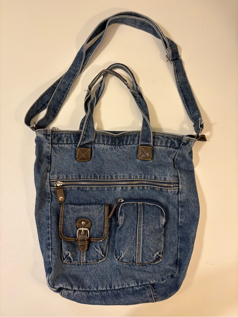 Vintage Denim Blue Canvas Tote Bag with Front Pockets